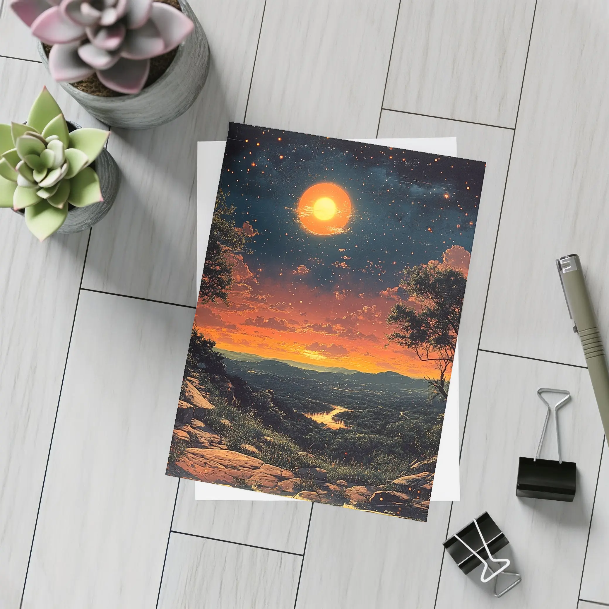 Retro Orange Moon Sunset Valley Landscape Art – Postcards