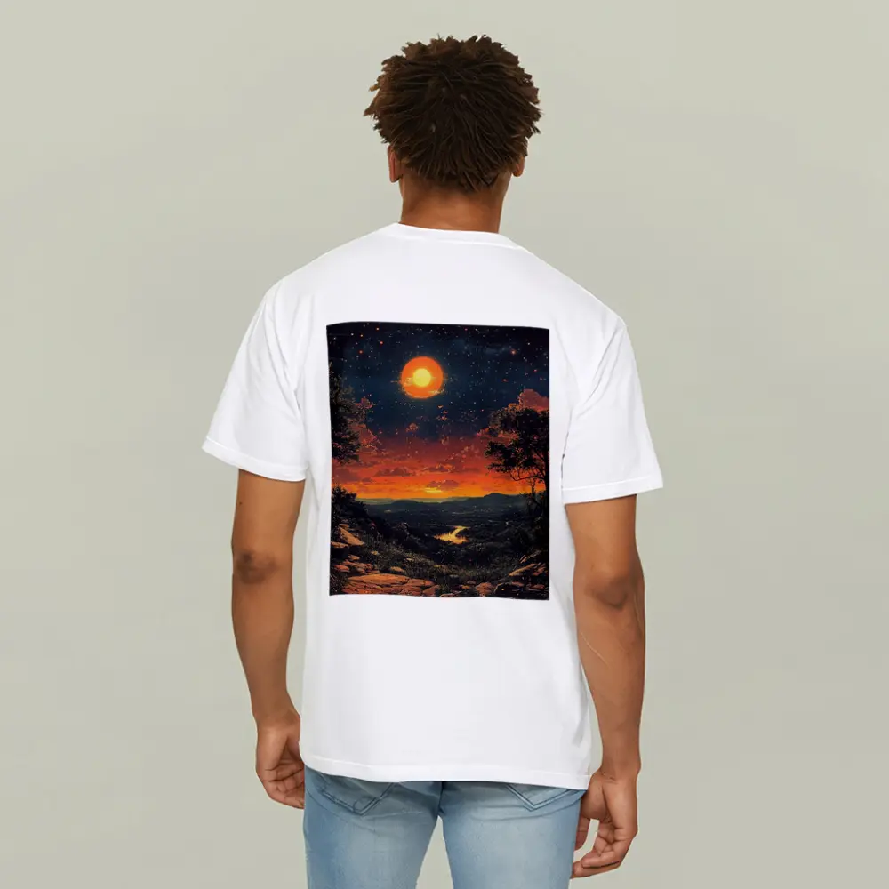 Retro Orange Moon Sunset Valley Landscape Art – T-Shirts