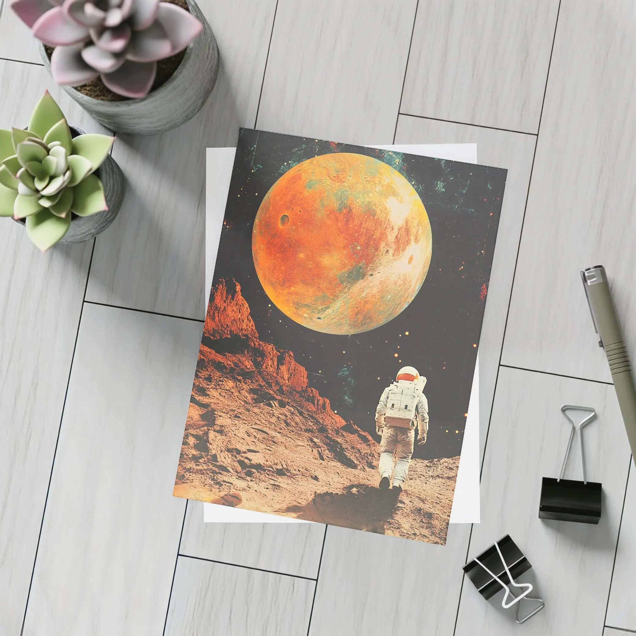 Astronaut Walking On Mars Retro Collage Art – Postcards