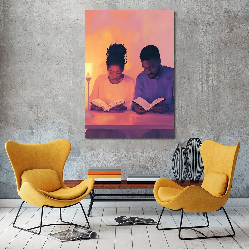Couple Reading Books Warm Candlelight Digital Art – Wall Art