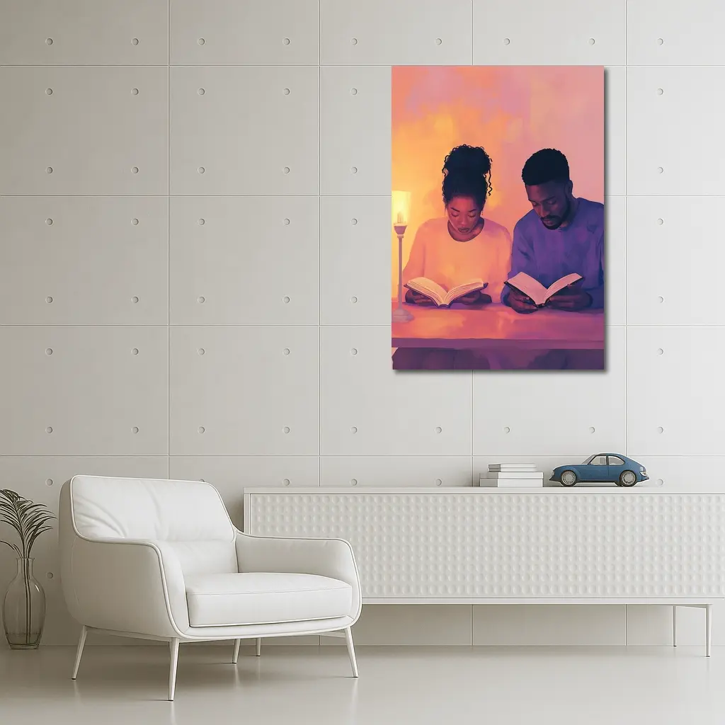 Couple Reading Books Warm Candlelight Digital Art – Wall Art