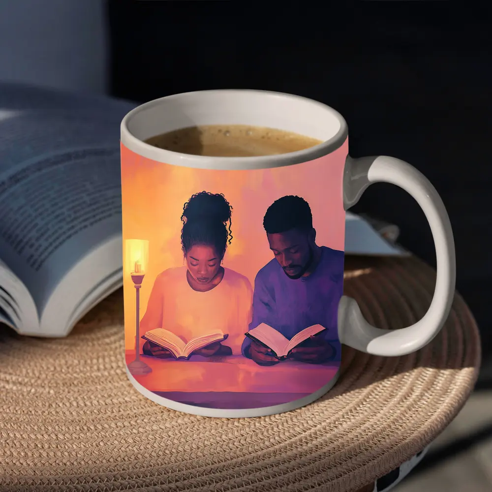 Couple Reading Books Warm Candlelight Digital Art – Mugs