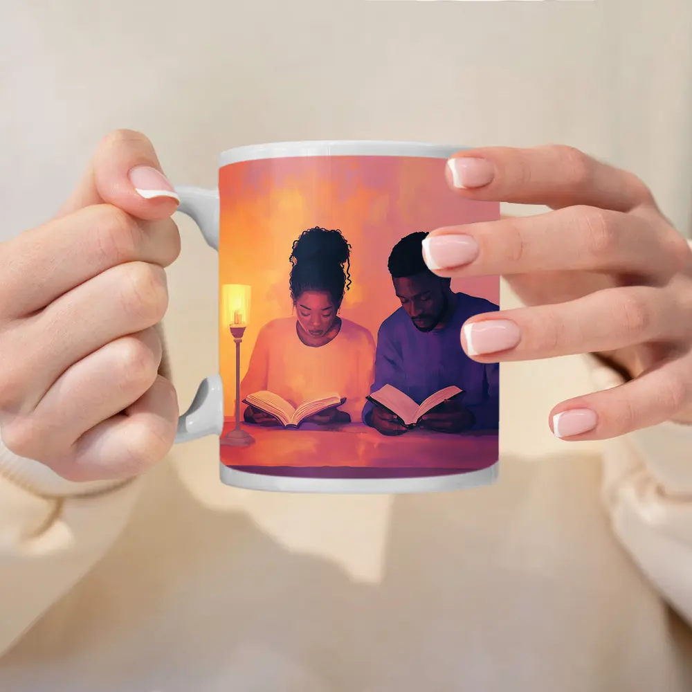 Couple Reading Books Warm Candlelight Digital Art – Mugs