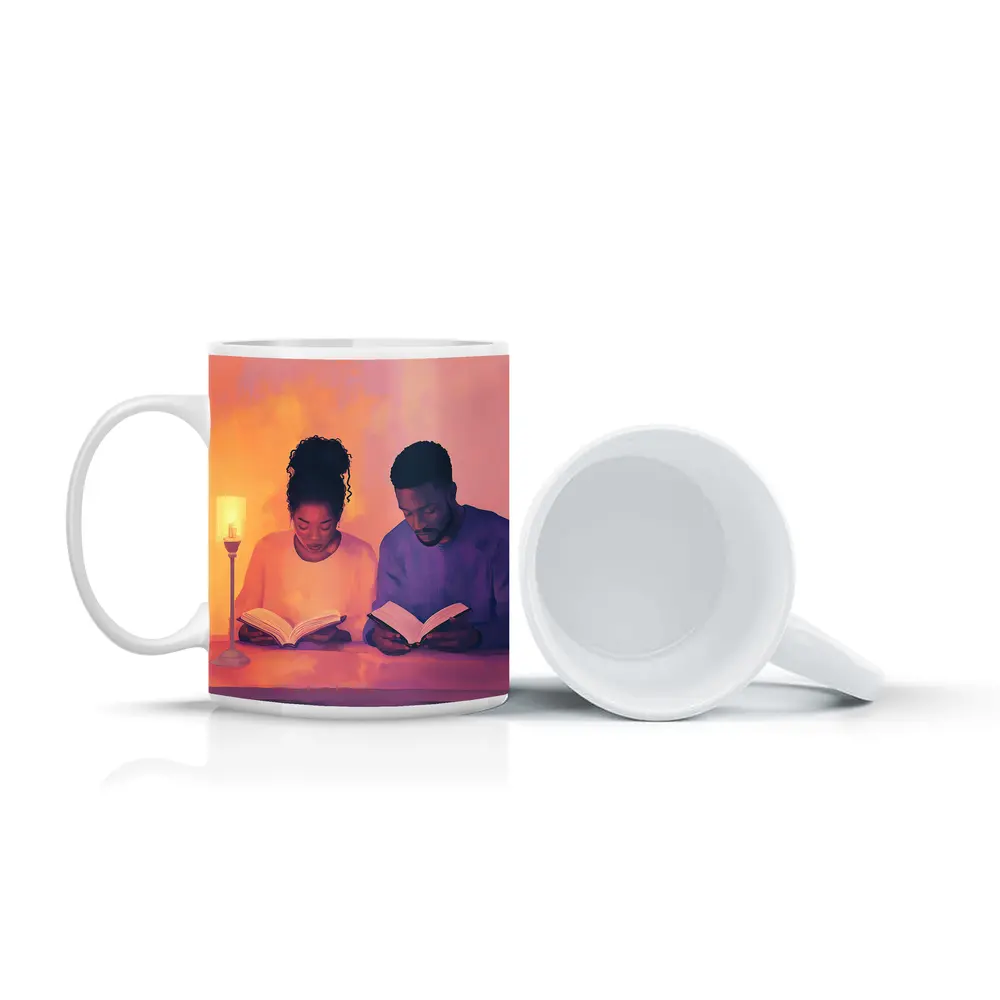 Couple Reading Books Warm Candlelight Digital Art – Mugs