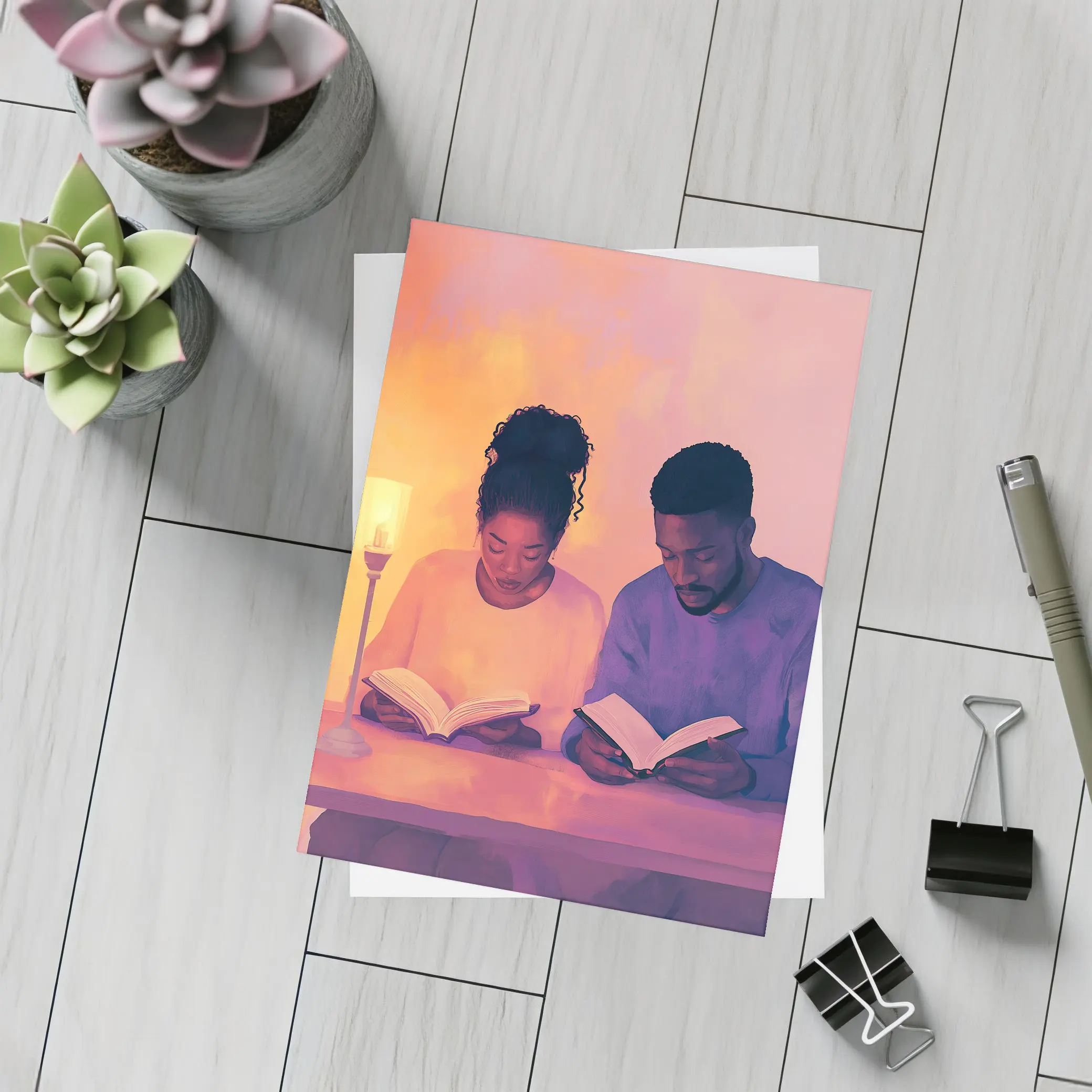 Couple Reading Books Warm Candlelight Digital Art – Postcards