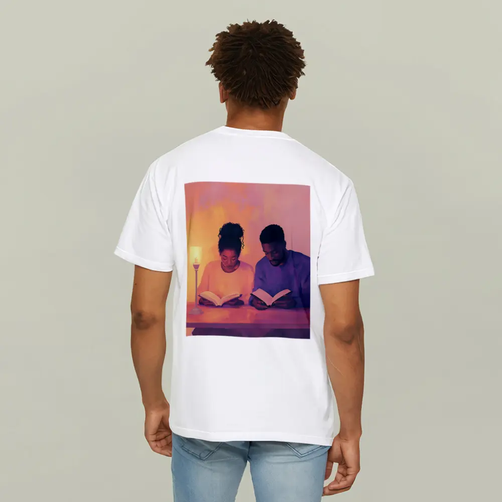 Couple Reading Books Warm Candlelight Digital Art – T-Shirts