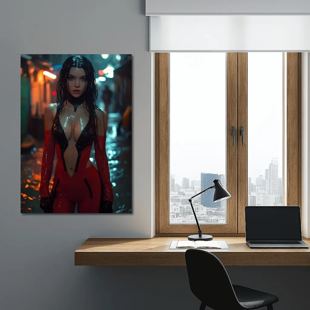 Cyberpunk Woman Red Suit Rainy Street – Wall Art