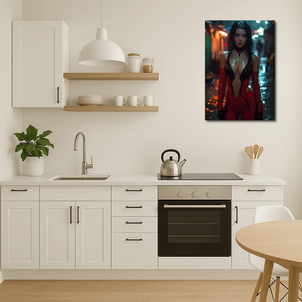 Cyberpunk Woman Red Suit Rainy Street – Wall Art