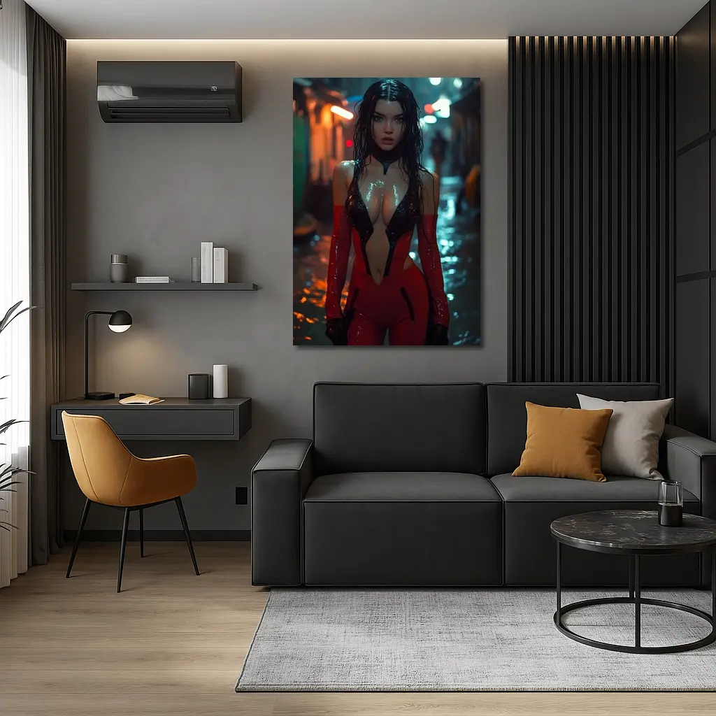 Cyberpunk Woman Red Suit Rainy Street – Wall Art