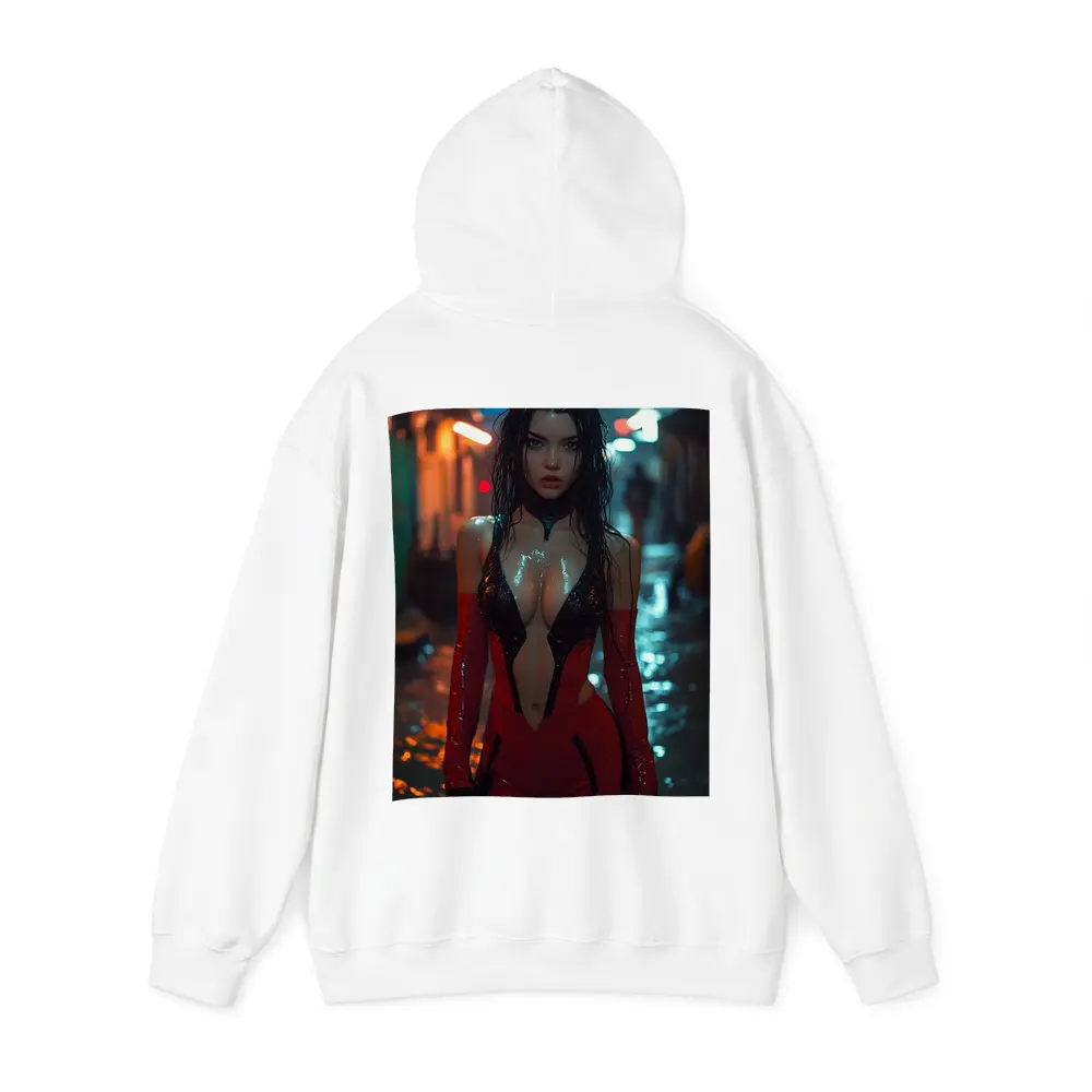 Cyberpunk Woman Red Suit Rainy Street – Hoodies