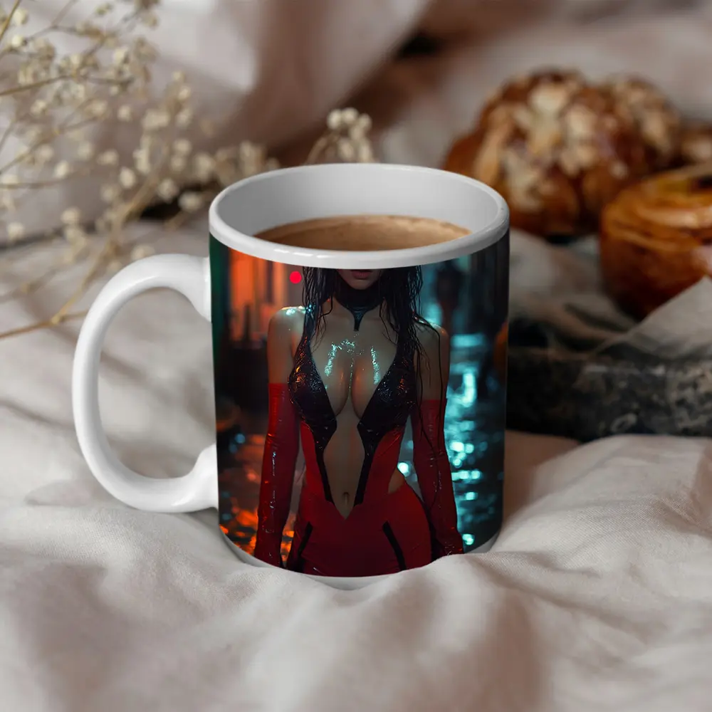 Cyberpunk Woman Red Suit Rainy Street – Mugs
