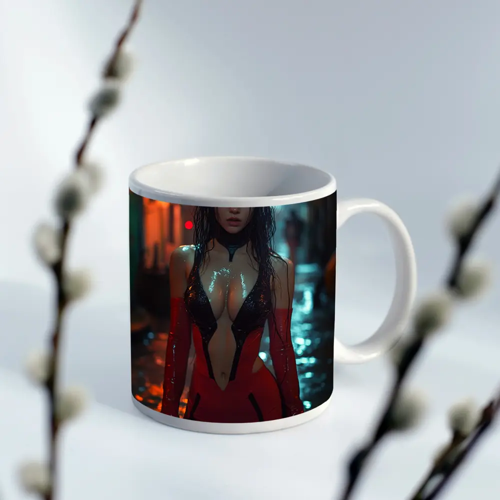 Cyberpunk Woman Red Suit Rainy Street – Mugs
