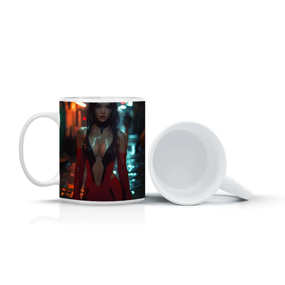 Cyberpunk Woman Red Suit Rainy Street – Mugs