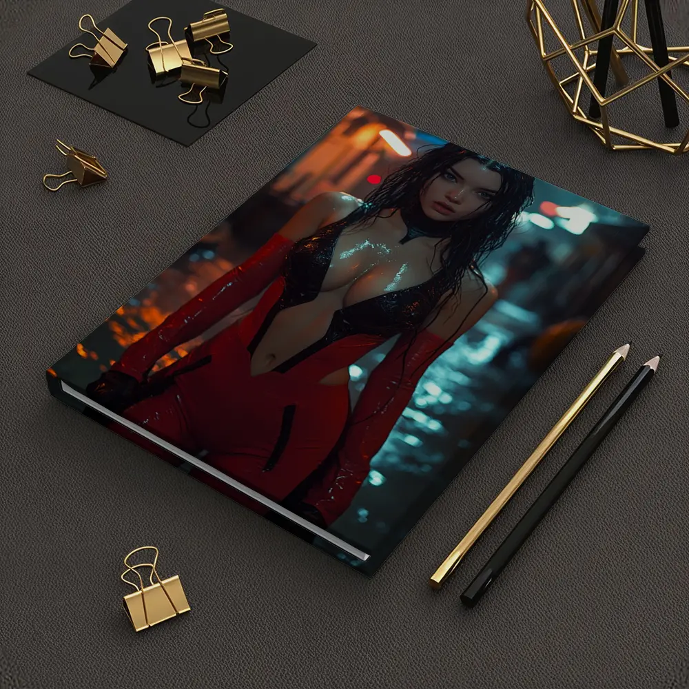 Cyberpunk Woman Red Suit Rainy Street – Notebooks