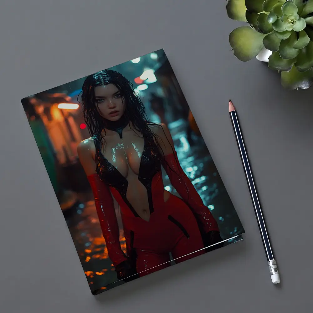 Cyberpunk Woman Red Suit Rainy Street – Notebooks