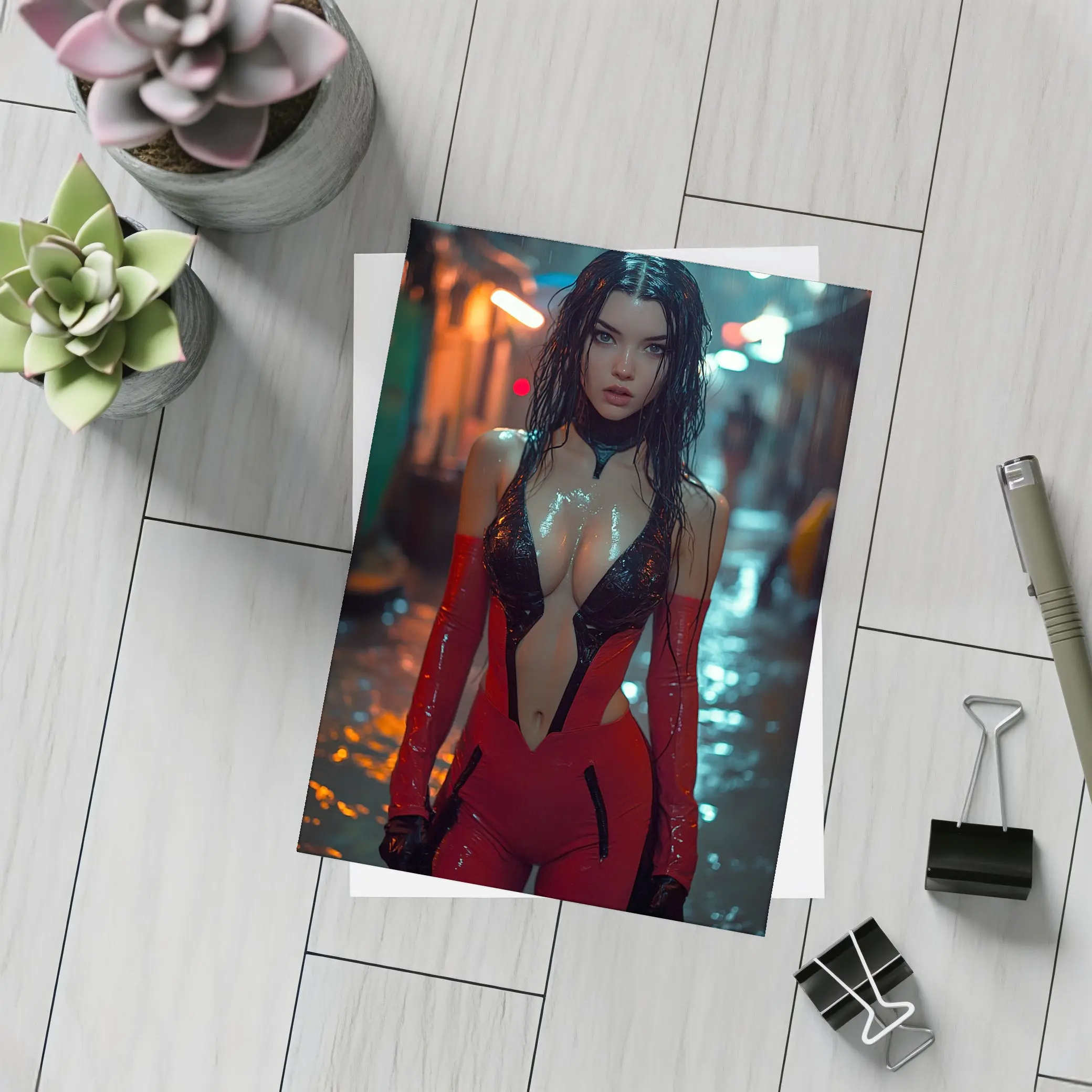 Cyberpunk Woman Red Suit Rainy Street – Postcards