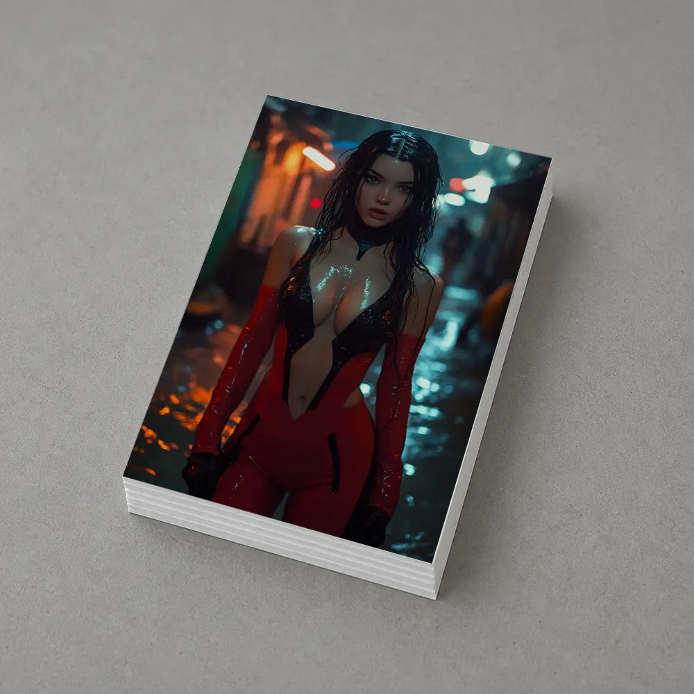 Cyberpunk Woman Red Suit Rainy Street – Postcards