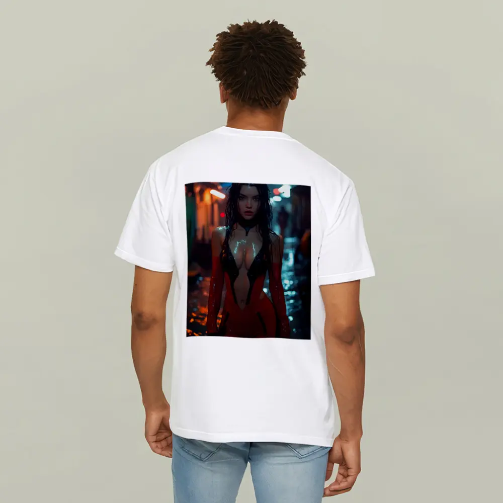 Cyberpunk Woman Red Suit Rainy Street – T-Shirts