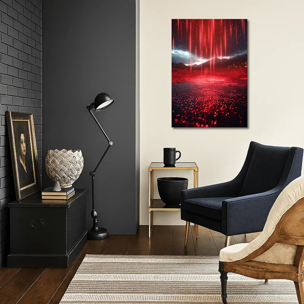 Red Neon Rain Glowing Dark Landscape Art – Wall Art
