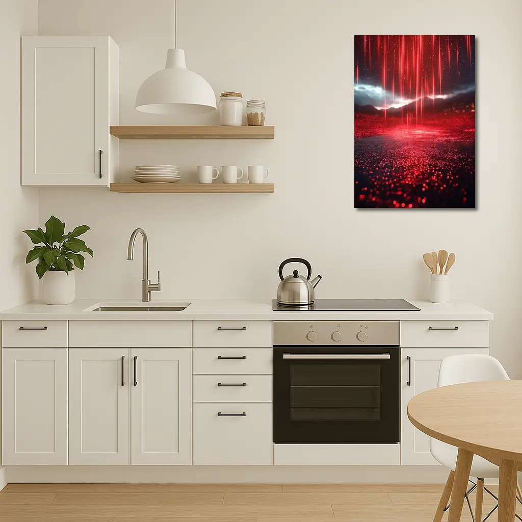 Red Neon Rain Glowing Dark Landscape Art – Wall Art