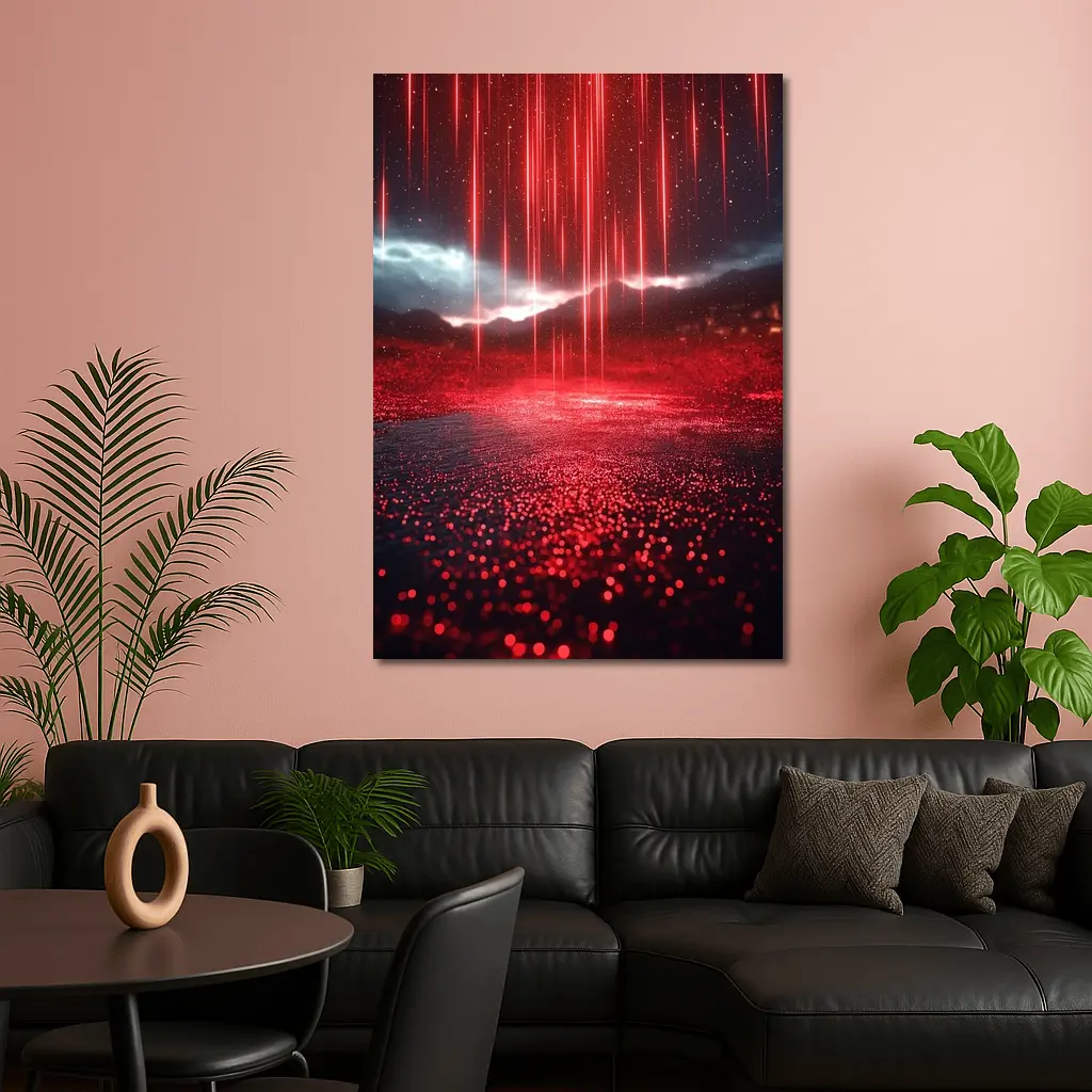Red Neon Rain Glowing Dark Landscape Art – Wall Art