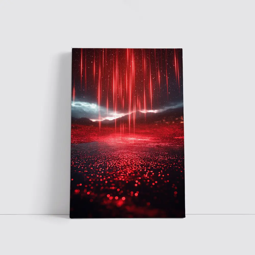 Red Neon Rain Glowing Dark Landscape Art – Wall Art