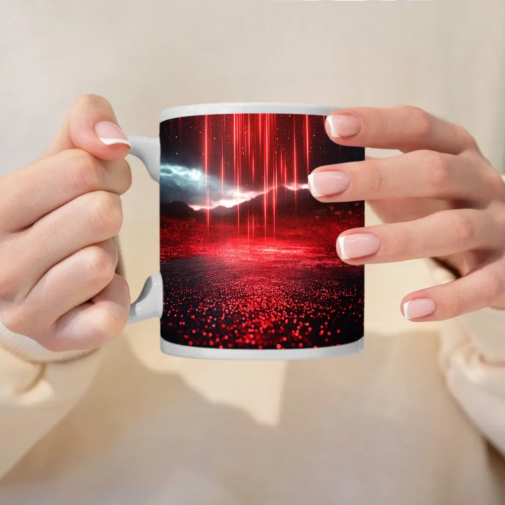 Red Neon Rain Glowing Dark Landscape Art – Mugs