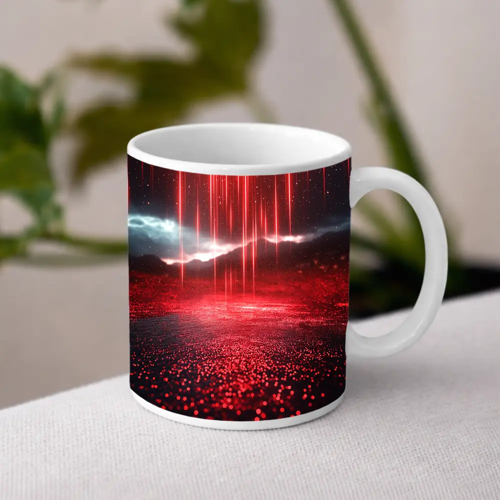 Red Neon Rain Glowing Dark Landscape Art – Mugs