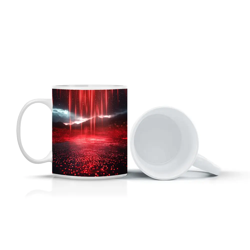 Red Neon Rain Glowing Dark Landscape Art – Mugs