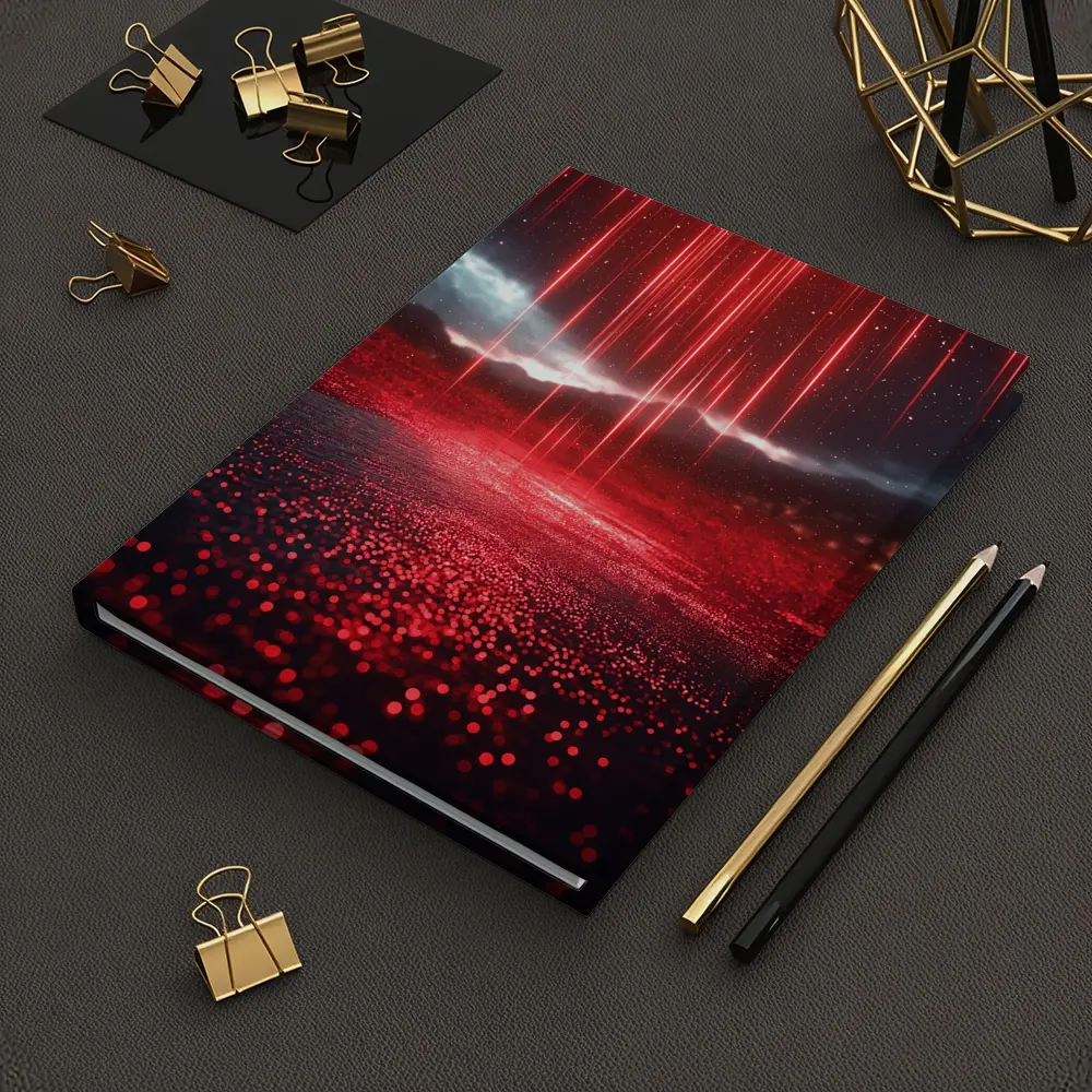 Red Neon Rain Glowing Dark Landscape Art – Notebooks