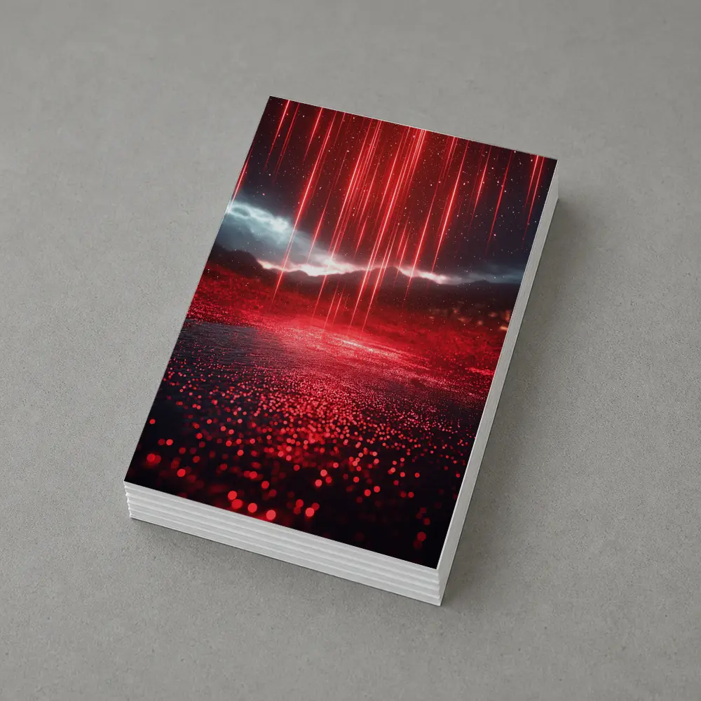 Red Neon Rain Glowing Dark Landscape Art – Postcards