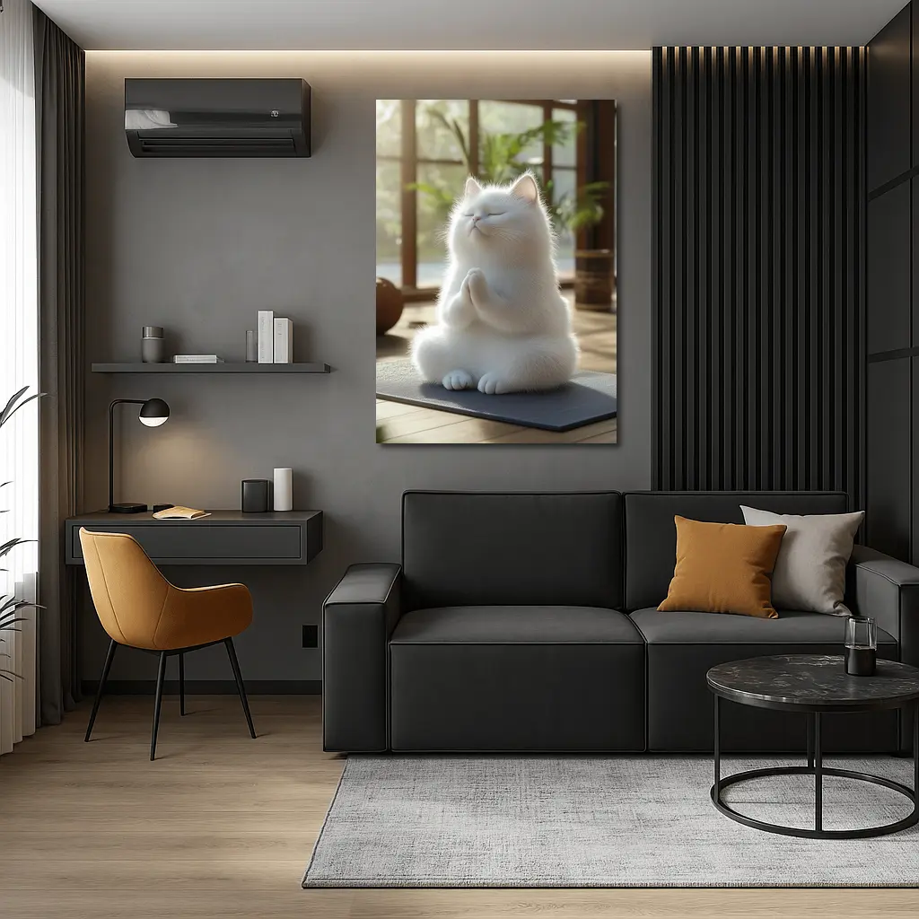 White Cat Meditating On Yoga Mat Indoors – Wall Art