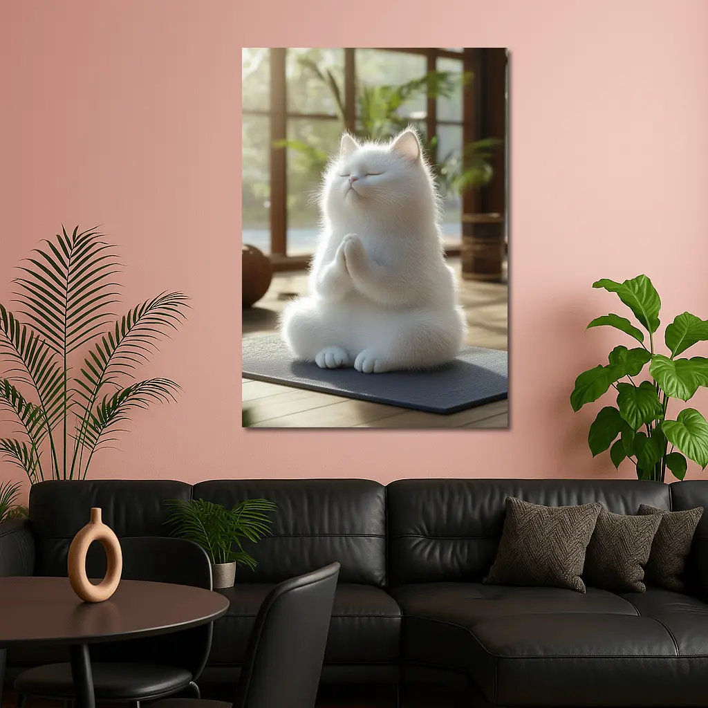 White Cat Meditating On Yoga Mat Indoors – Wall Art