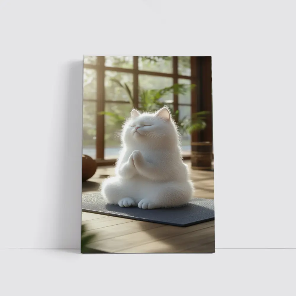 White Cat Meditating On Yoga Mat Indoors – Wall Art