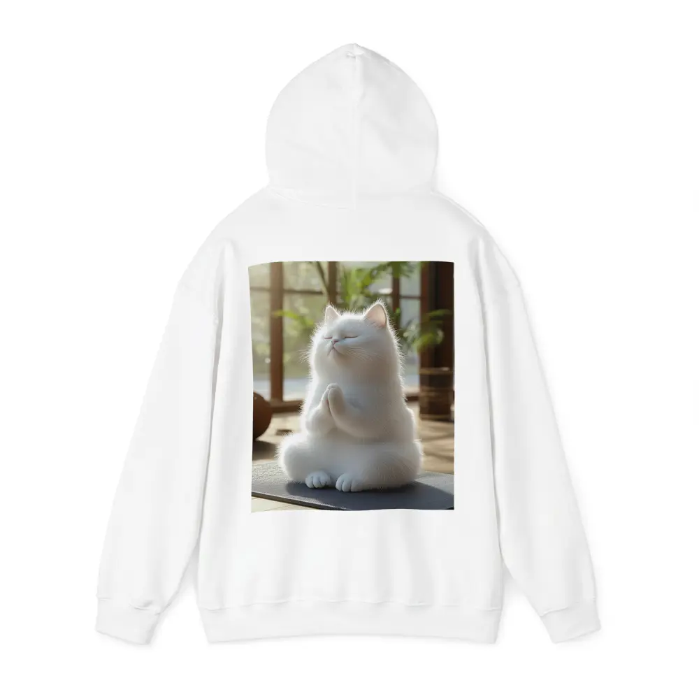 White Cat Meditating On Yoga Mat Indoors – Hoodies