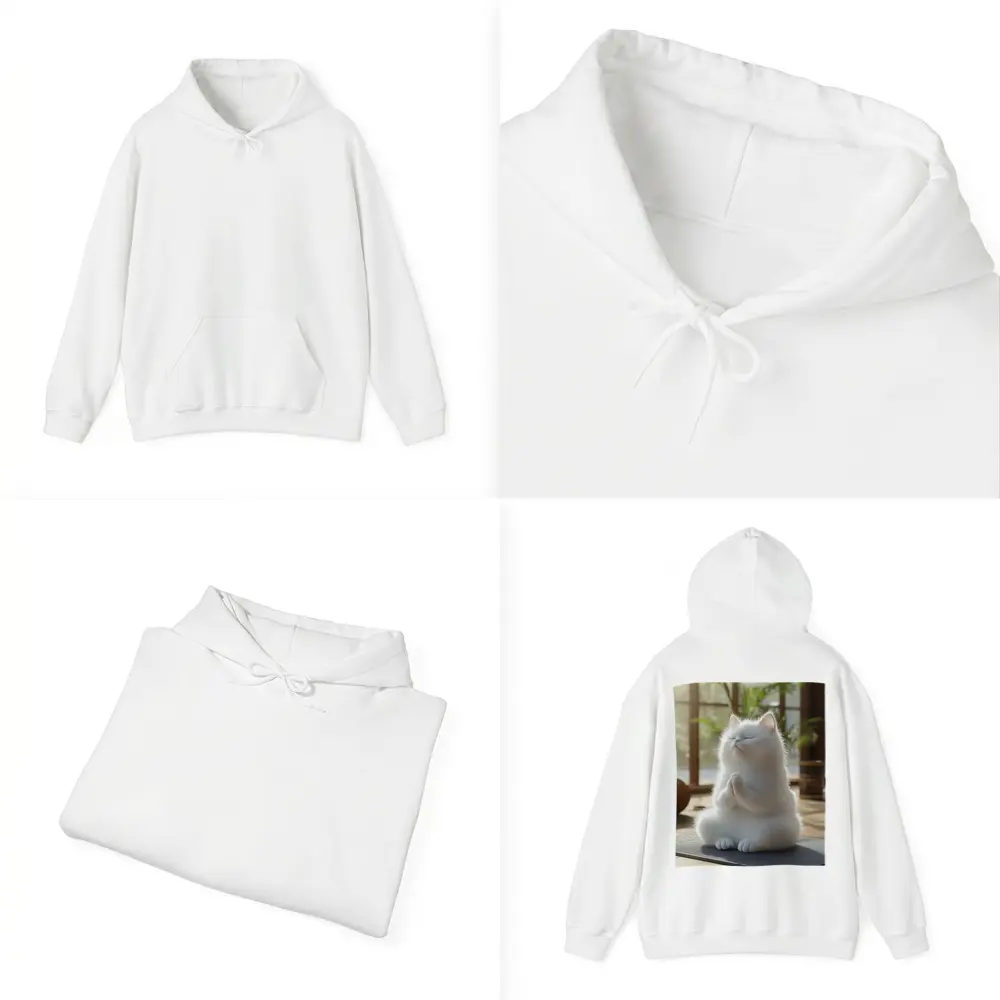White Cat Meditating On Yoga Mat Indoors – Hoodies
