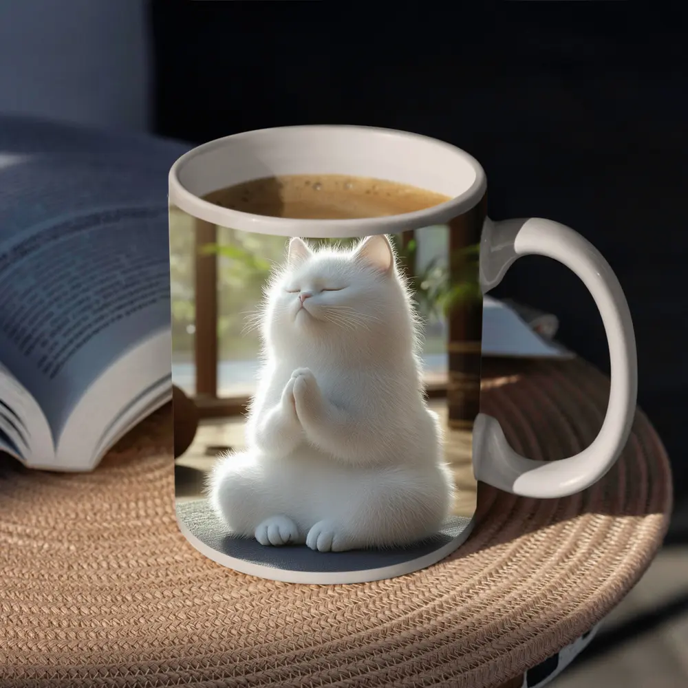 White Cat Meditating On Yoga Mat Indoors – Mugs
