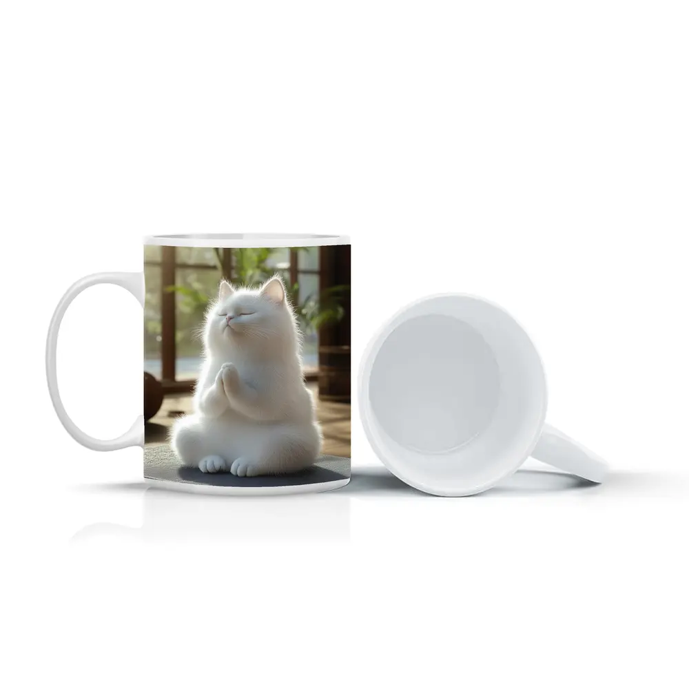 White Cat Meditating On Yoga Mat Indoors – Mugs