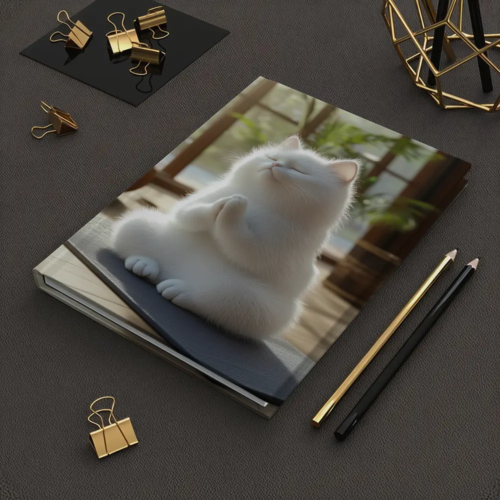 White Cat Meditating On Yoga Mat Indoors – Notebooks