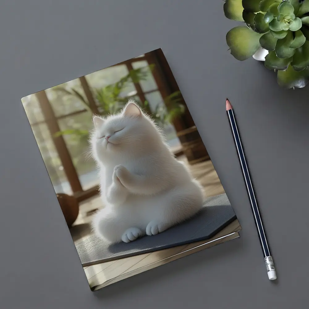 White Cat Meditating On Yoga Mat Indoors – Notebooks
