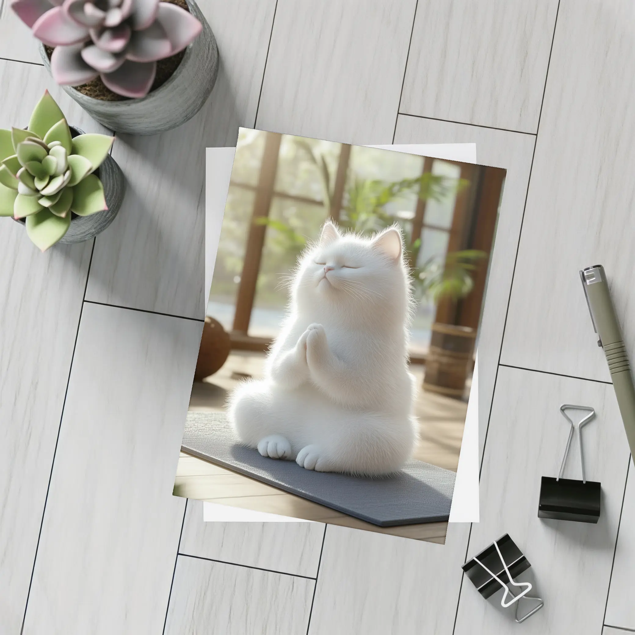 White Cat Meditating On Yoga Mat Indoors – Postcards