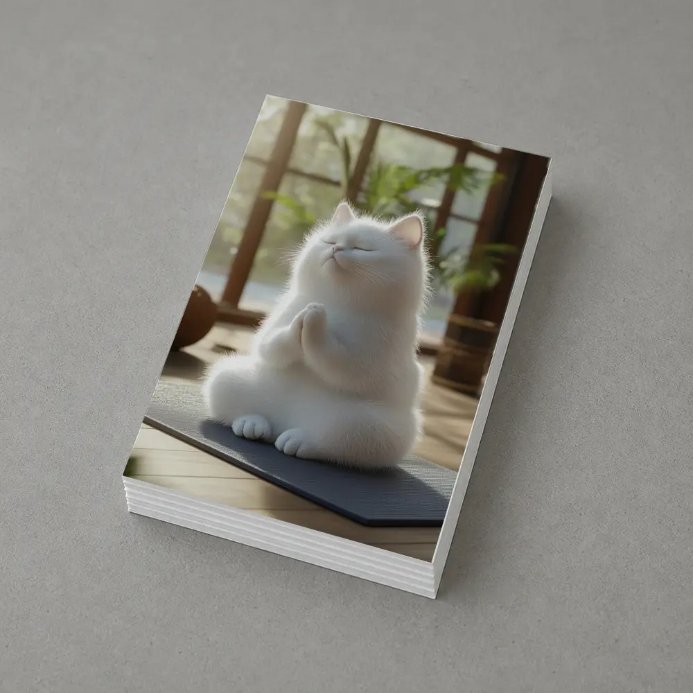 White Cat Meditating On Yoga Mat Indoors – Postcards