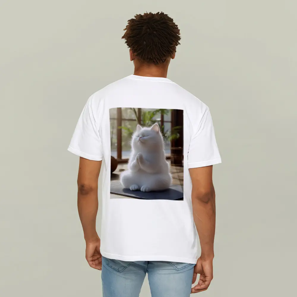 White Cat Meditating On Yoga Mat Indoors – T-Shirts
