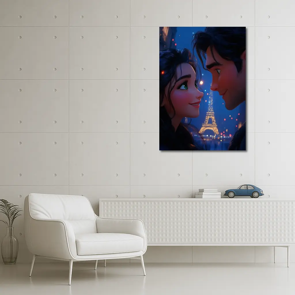 Romantic Couple Cartoon Paris Eiffel Tower Night – Wall Art