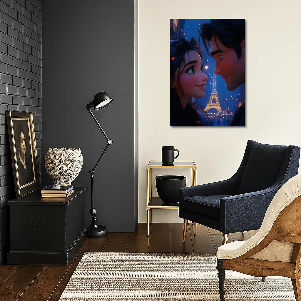 Romantic Couple Cartoon Paris Eiffel Tower Night – Wall Art