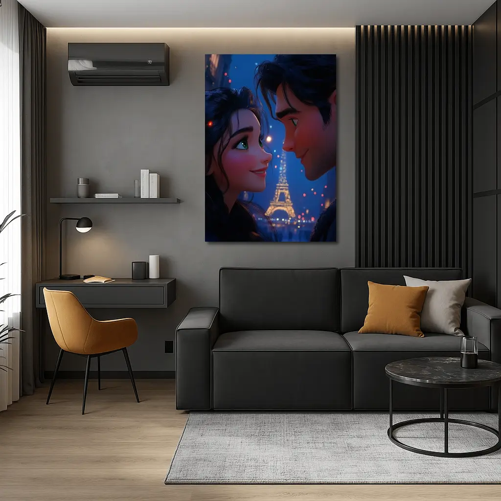 Romantic Couple Cartoon Paris Eiffel Tower Night – Wall Art
