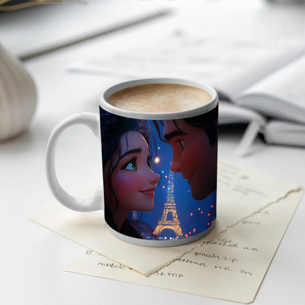 Romantic Couple Cartoon Paris Eiffel Tower Night – Mugs