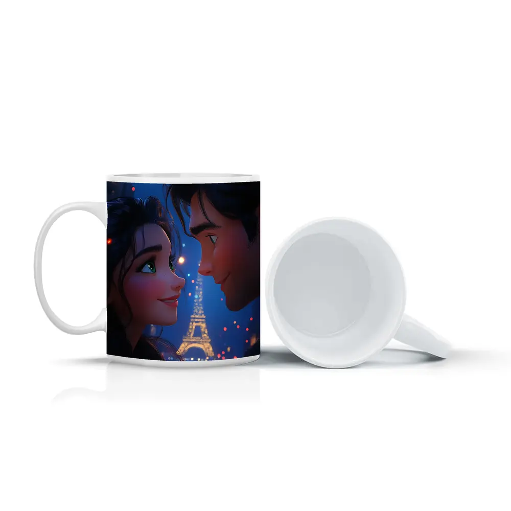 Romantic Couple Cartoon Paris Eiffel Tower Night – Mugs