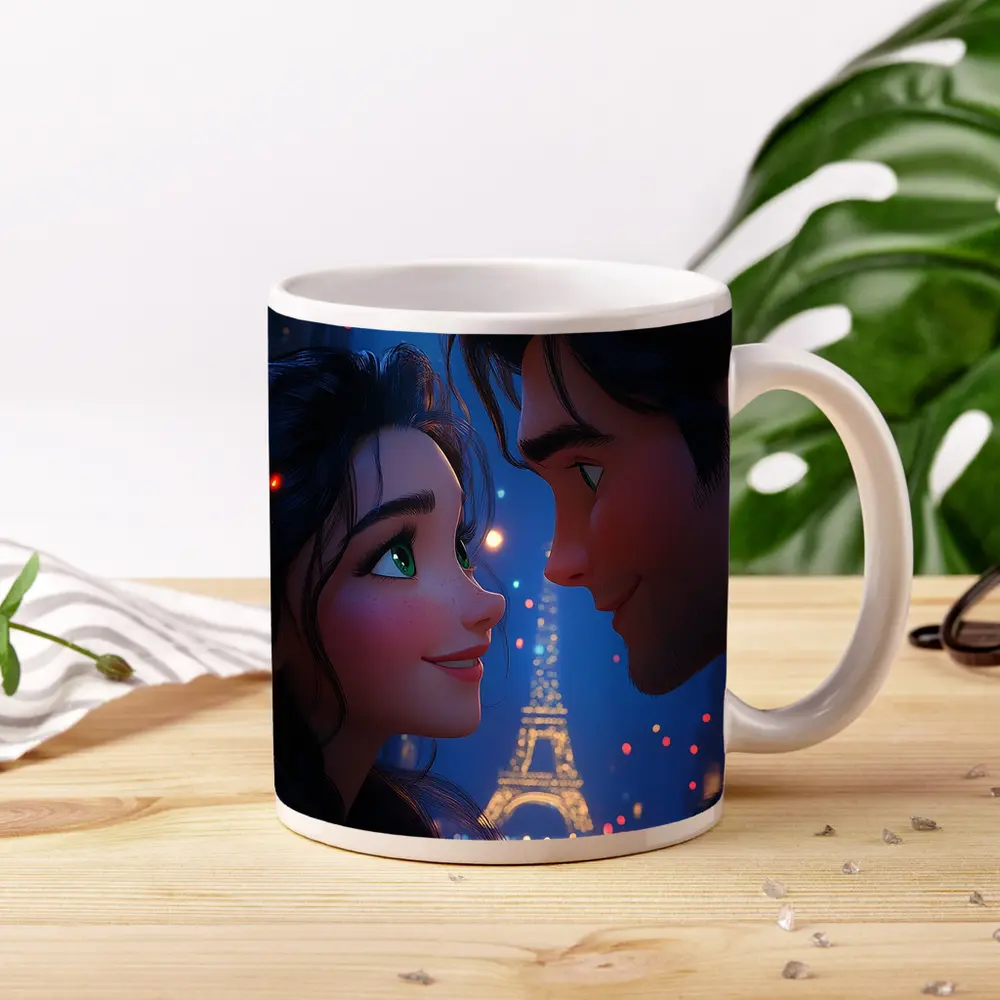 Romantic Couple Cartoon Paris Eiffel Tower Night – Mugs
