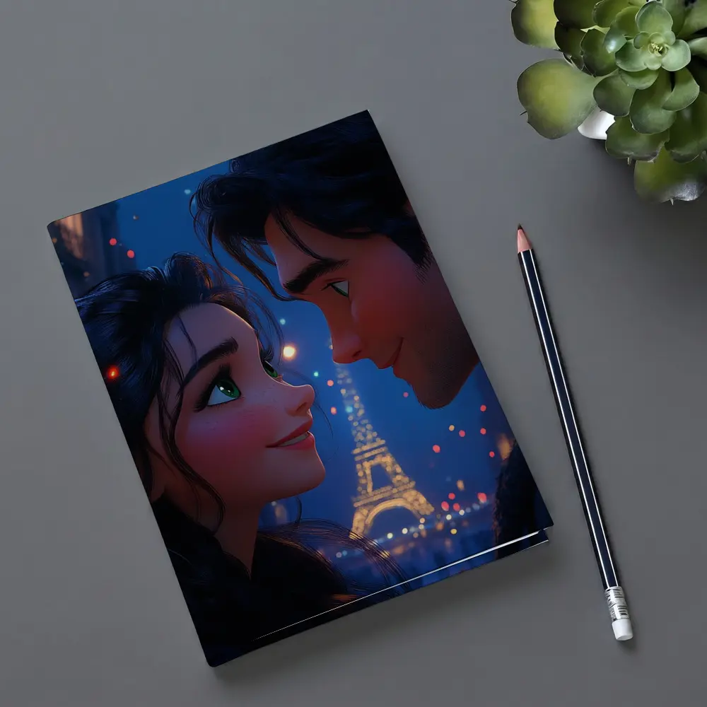 Romantic Couple Cartoon Paris Eiffel Tower Night – Notebooks